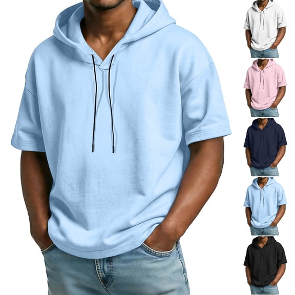 HomeDM Men's Short Sleeve Hooded Summer Solid Color Casual T-Shirts Athletic Pullover Tops, Sky Blue Size L