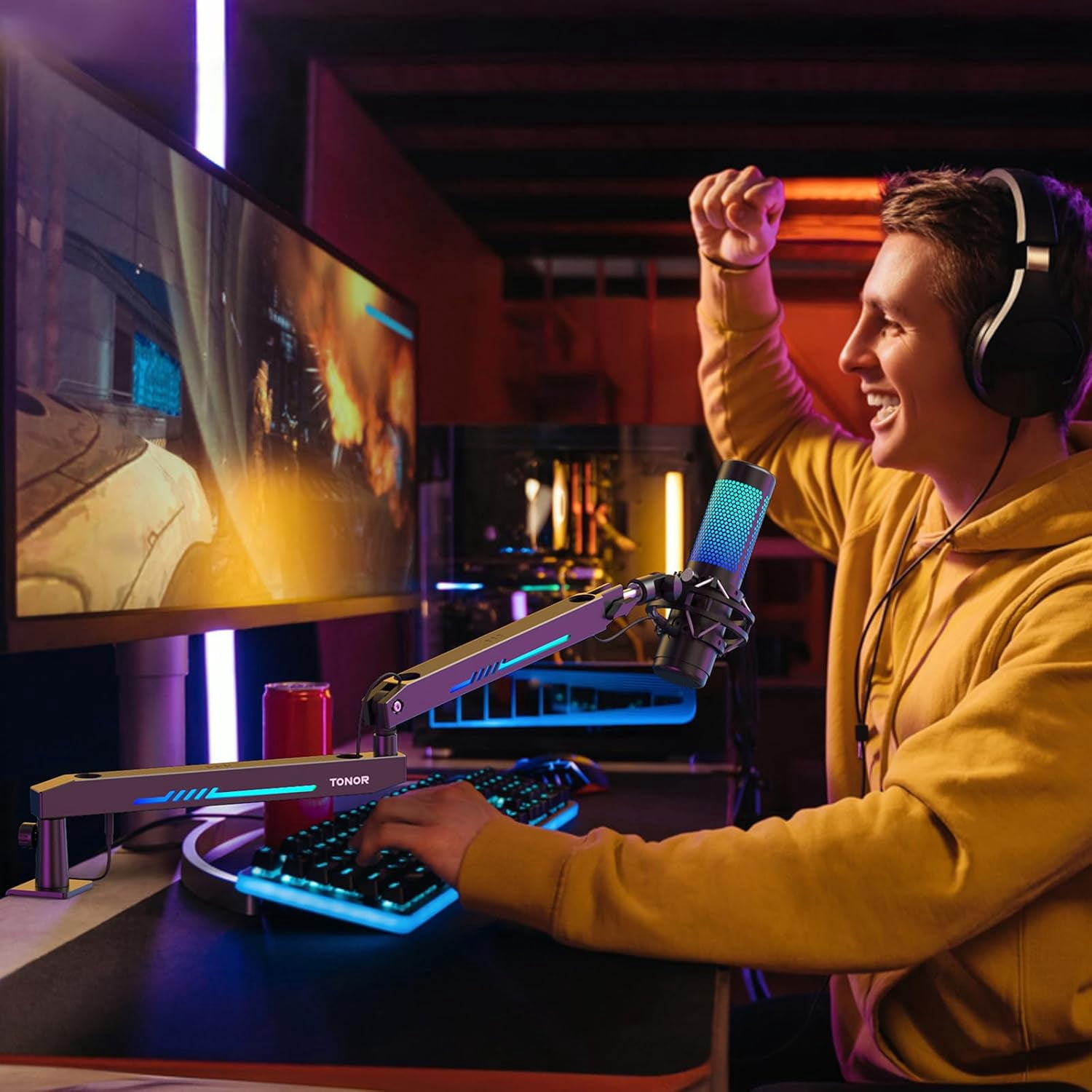 RGB Gaming Mic Arm Low  Microphone  Stand with Controllable Light for Streaming Studio T90LP