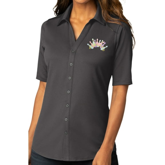 Womens Pastel Bowling Arch Button-Down Stretch Shirt, XL Graphite Gray