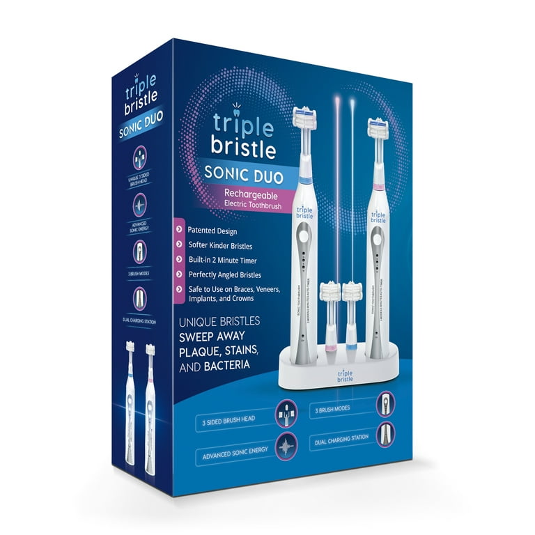 Triple Bristle DUO - 2 Sonic Toothbrushes with Dual Charging Station -  Patented 3 Head Design For Adults, Families & Couples 