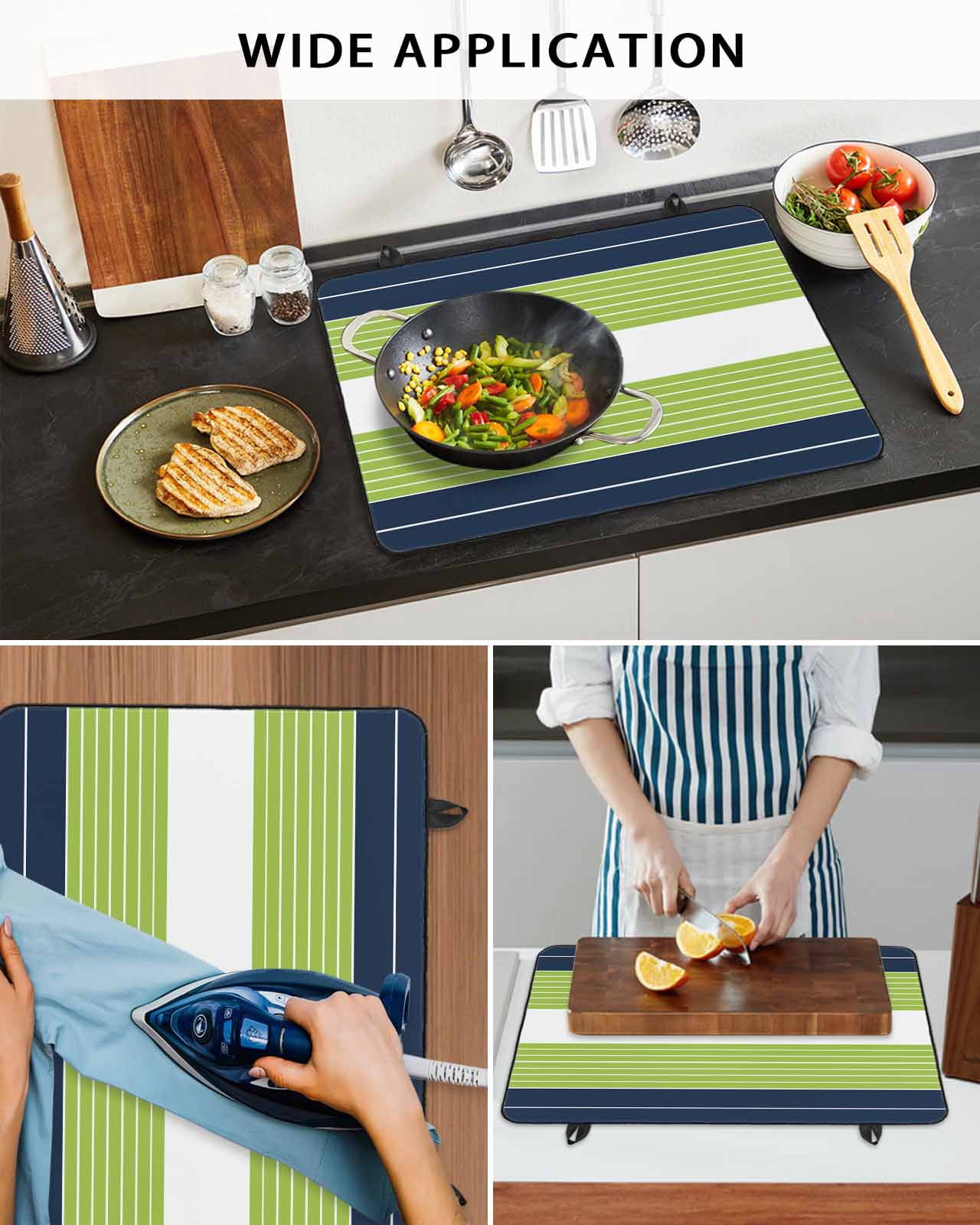 nqOlkjepod Large Induction Cooktop Protector Mat 36"x21", Navy Blue Green Stripe Stove Top Covers for Electric Stove, Modern Art Horizontal Striped Stove Burner Cover Mats, Glass Top Stove Cover