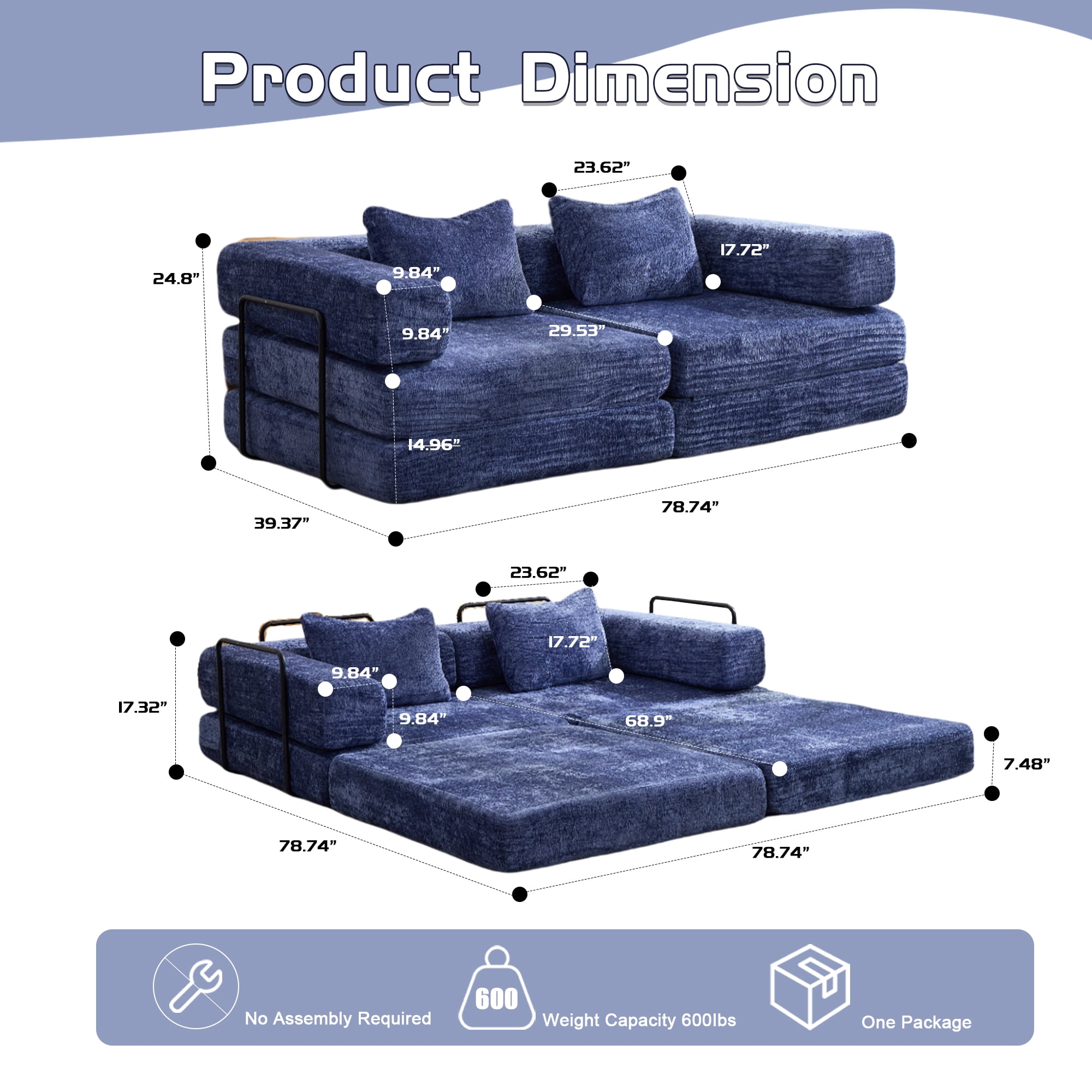 Miniyam Convertible Chenille Sofa Bed Couch, Modular Folding Floor Sleeper with Armrests, Space Saving Design for Living Room, Blue