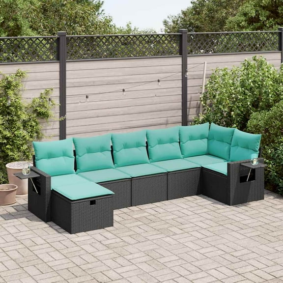 vidaXL 7 Piece Patio Sofa Set with Cushions Black Poly Rattan