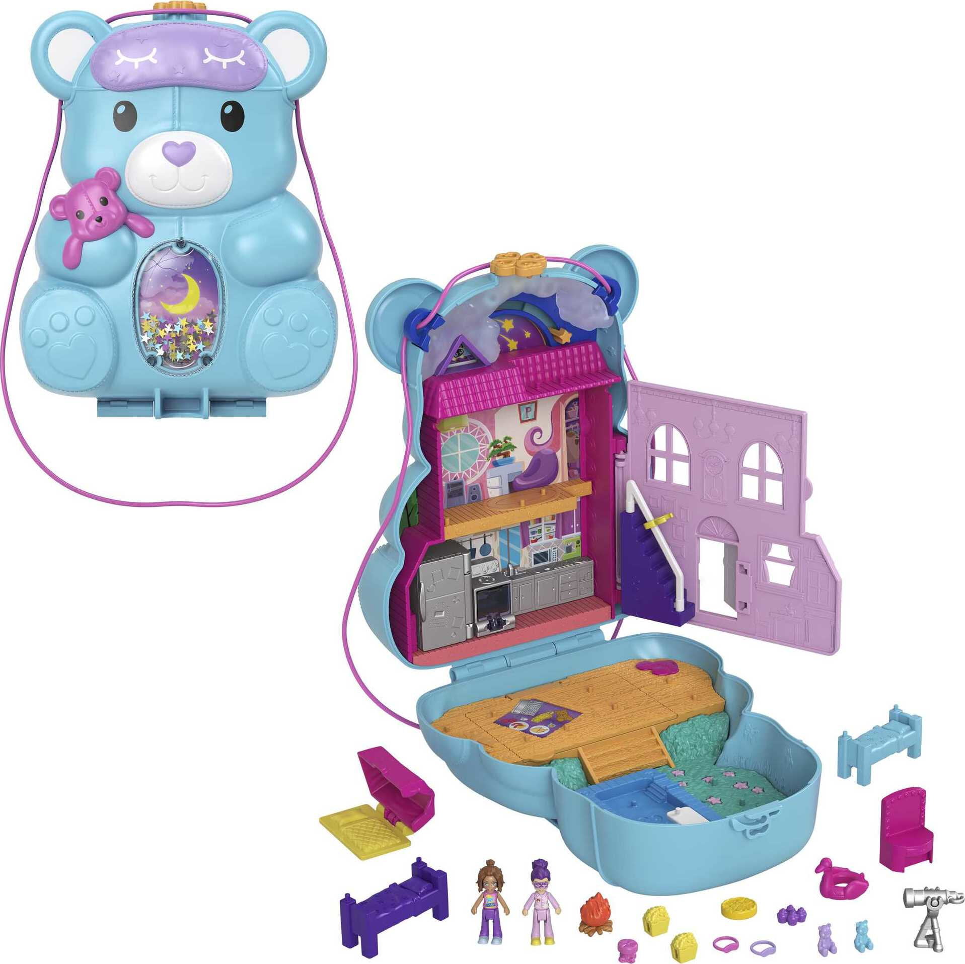 Polly Pocket 2-in-1 Teddy Bear Purse Travel Toy with 2 Micro Dolls and 16 Accessories
