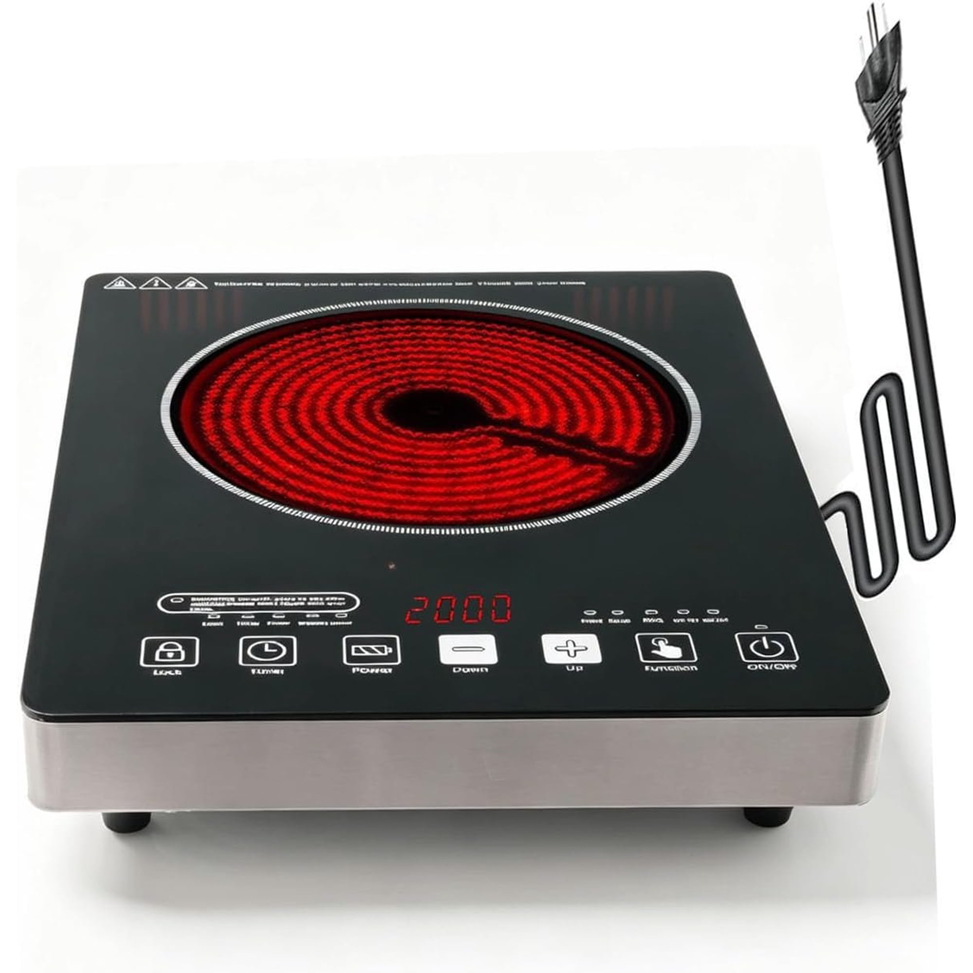 Portable Burner 2000W Electric Burner with 3 Hours Timer-Electric Hot Plate Control Panel Adjustable Heating Power Glass Plate Electric Cooktop for Cooking (Black 2)