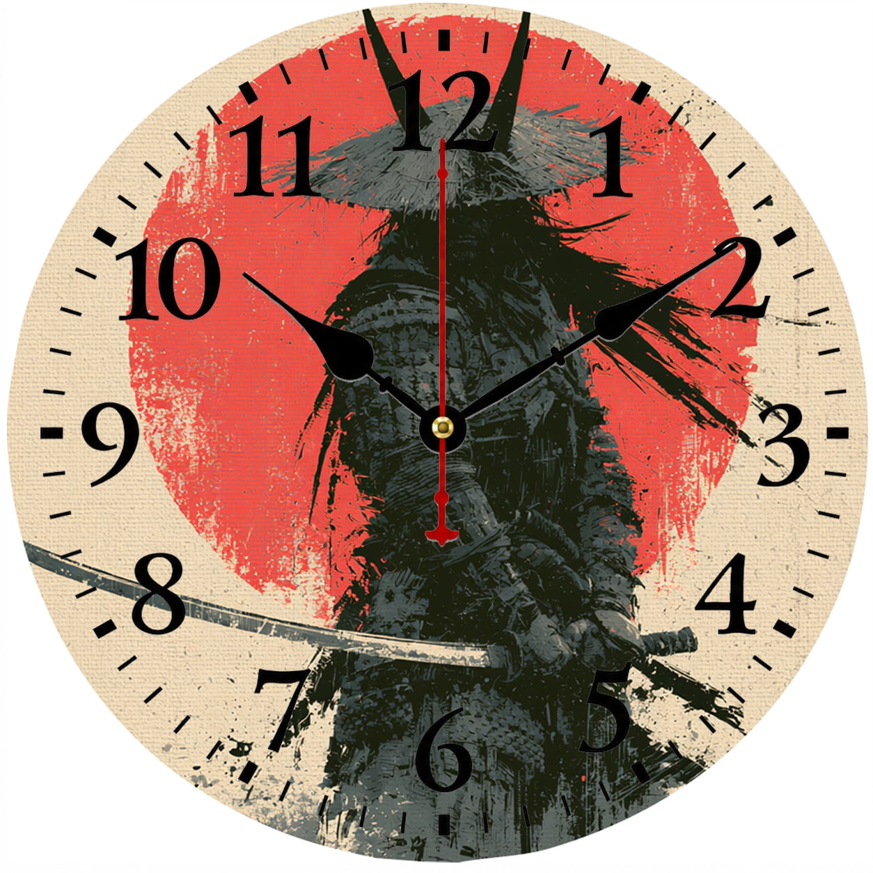 Samurai Warrior Wall Clock 9.84 Inch, Japanese Art Vintage Decorative Wall Clock, Battery Operated Analog Clock for Bedroom Living Room Office Man Cave Game Room Decor