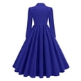 thumbnail image 4 of asdoklhq Womens Dress Ladies' Fall V-neck Long Sleeved Solid Color Lapel Cinched Waist Elegant Dress Blue L, 4 of 6