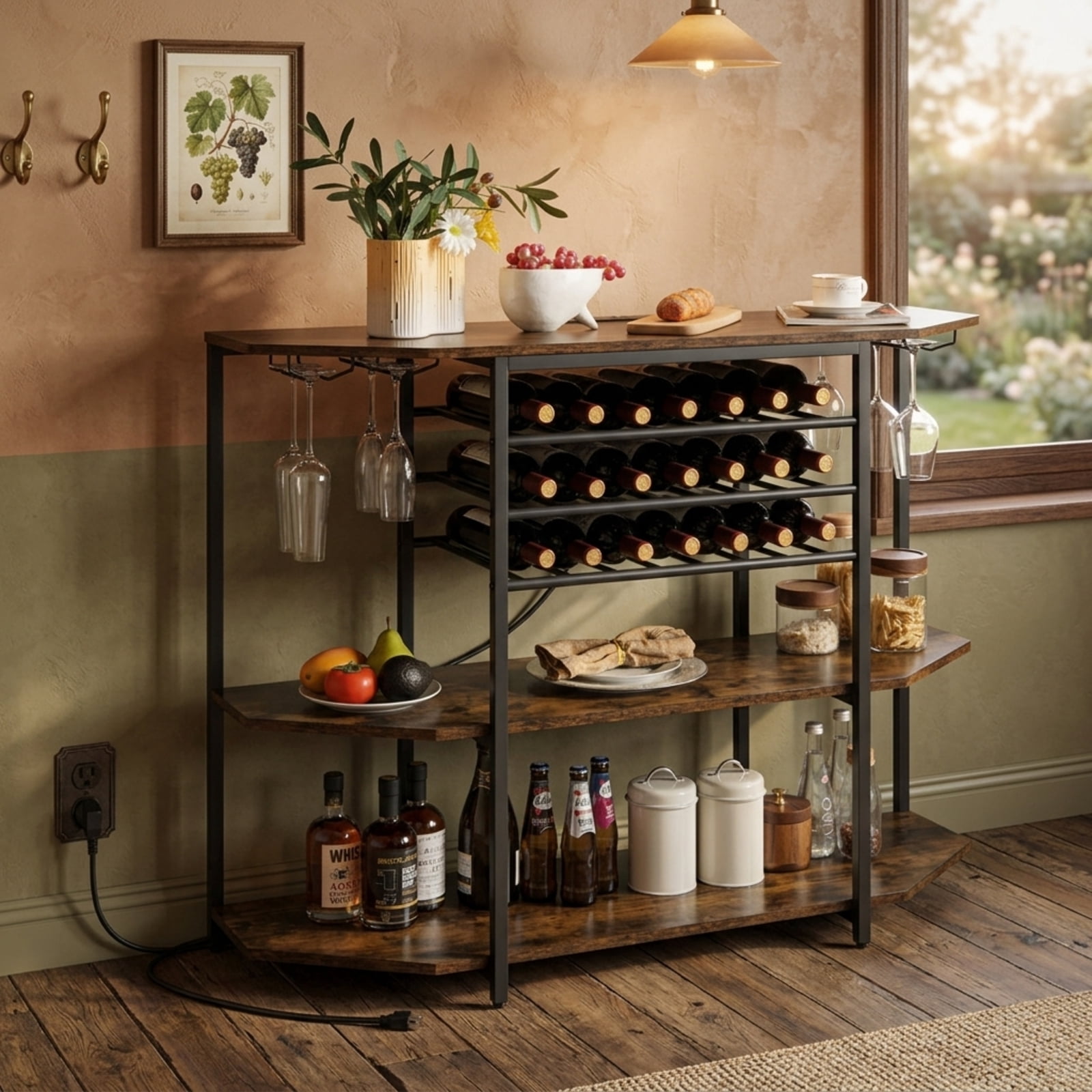 RUIE 3-Tier Wine Bar Cabinet with Storage Shelves, Coffee Bar Buffet Sideboard with Charging Station and Wine Rack for 21 Bottles, Brown
