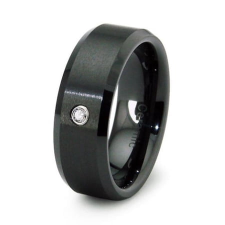 EWC R40038D-105 Black Ceramic Ring Beveled Edge with Diamond 0.04ctw - Size 10.5