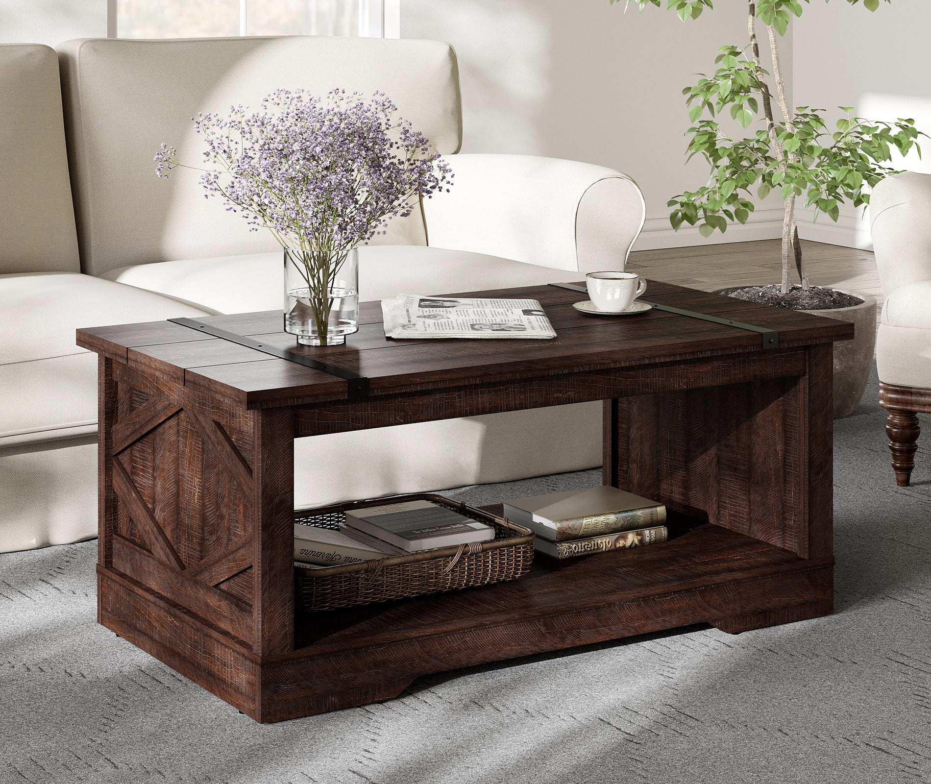 WAMPAT Farmhouse Coffee Table, Rectangle Wood Center Table with Open Storage for Living Room, 42