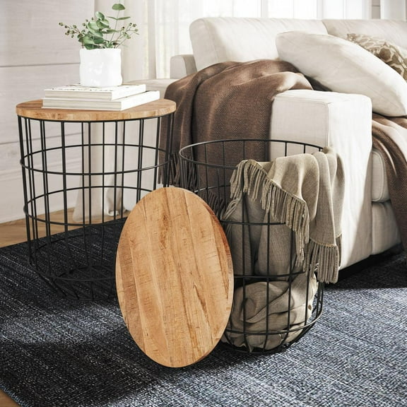 Jofran Global Archive Nested Storage Solid Wood and Metal Basket End Tables (Set of 2)