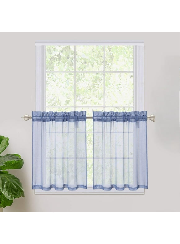 Kitchen Short Sheer Curtains Blue, Linen Look Tier Curtains with Rod Pocket Textured Semi Sheer Drapes for Living Room Kitchen/Cafe, 27.5"x36", Set of 2