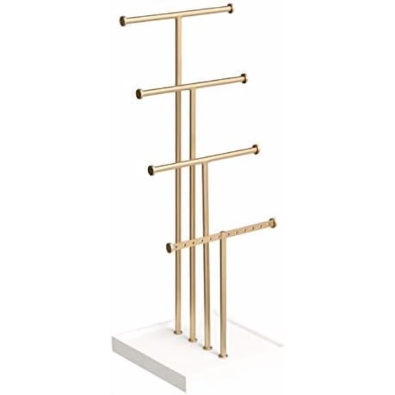 Basics Four-Tier Jewelry Organizer Tree Stand, Necklace Earring Bracelet Holder with Ring Storage, White/Brass