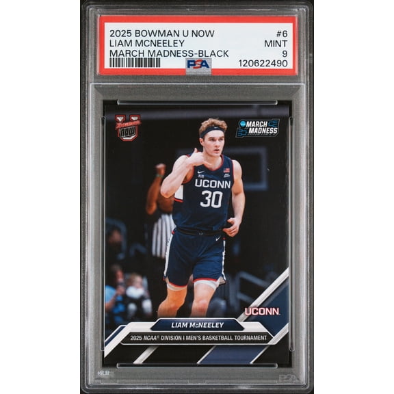 Graded 2025 Topps Bowman U Now Liam McNeeley #6 March Madness Black Rookie RC Basketball Card PSA 9 Mint