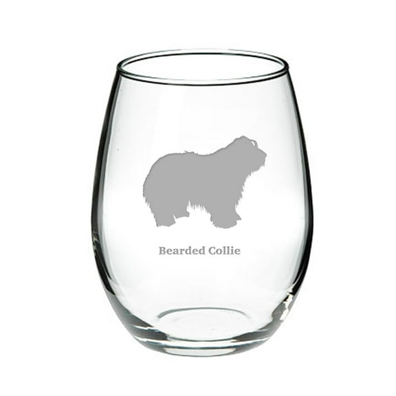 Bearded Collie Deep Etched Stemless Red Wine Glass