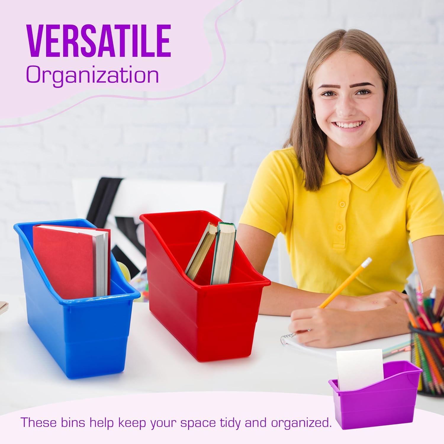 4E's Novelty Book Bin Organizer Set of 6, Plastic Vertical Binder Holder for Classroom, Rainbow Colors