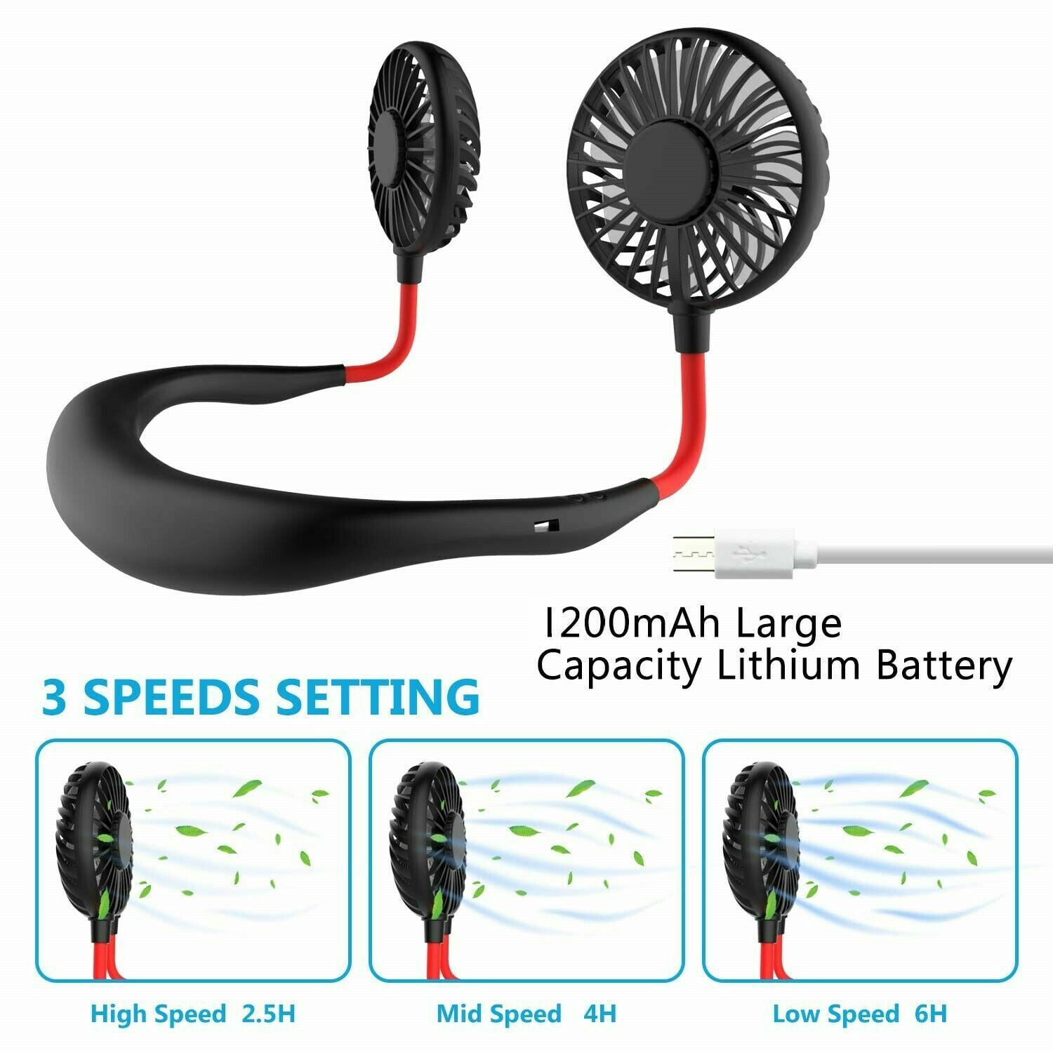 Portable USB Rechargeable Neckband Lazy Neck Hanging Dual Cooling Mini Fan USA 