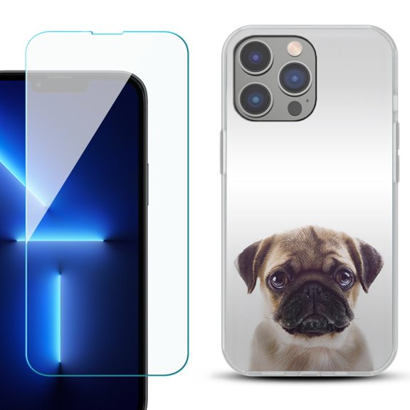 Slim-Fit Gel TPU Phone Case for iPhone 14 Pro Max, with Tempered Glass Screen Protector, by OneToughShield ® - Pug Face