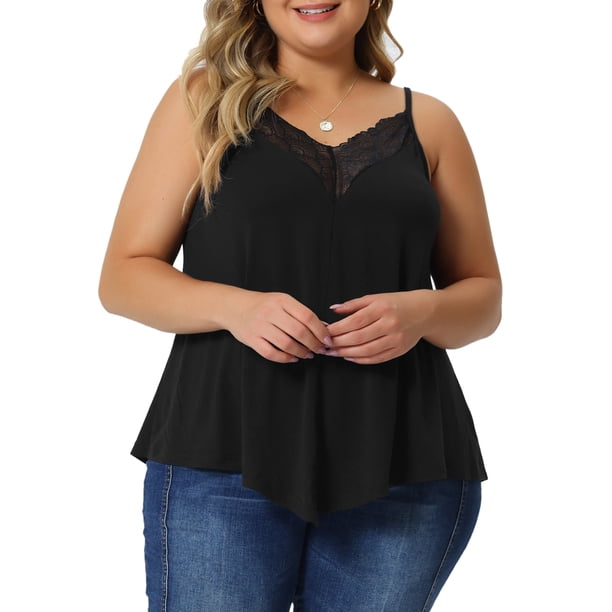 Camiseta sin mangas de encaje en la parte delantera para mujeres de talla grande, con tirantes finos, escote en V, talla 1X, color negro