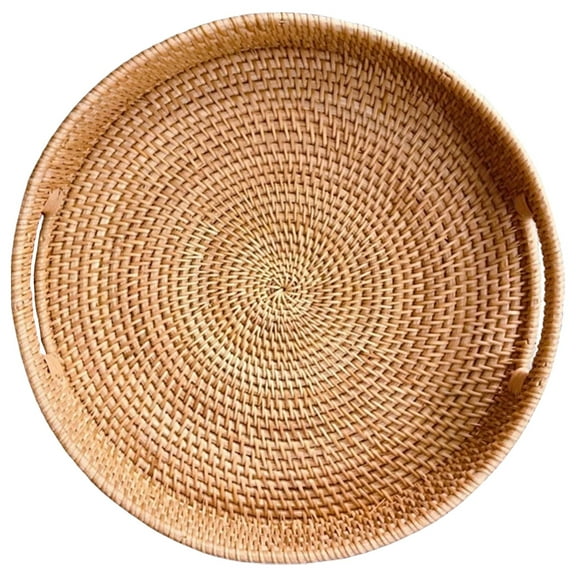 rattan serving tray Woven Rattan Serving Tray Round Woven Fruits Basket Decorative Rustic Table Tray with Handles