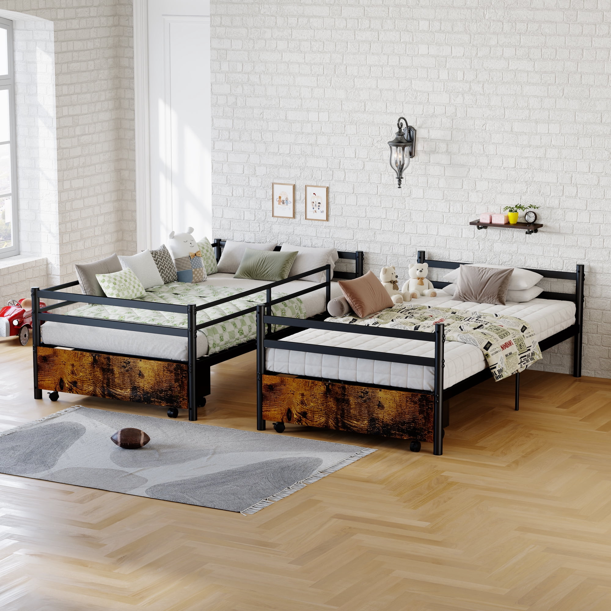 Leumius Twin Over Twin Metal Bunk Bed Frame with 2 Storage Drawers on Wheels, Heavy Duty Bunk Bed with Full-Length Guardrail & Side Ladder, No Box Spring Needed,Black