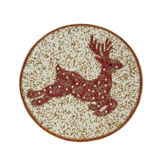 Be A Deer Bead Embroidered PlacematColor: Cream & RedSize: 13.5" RoundSet of 2