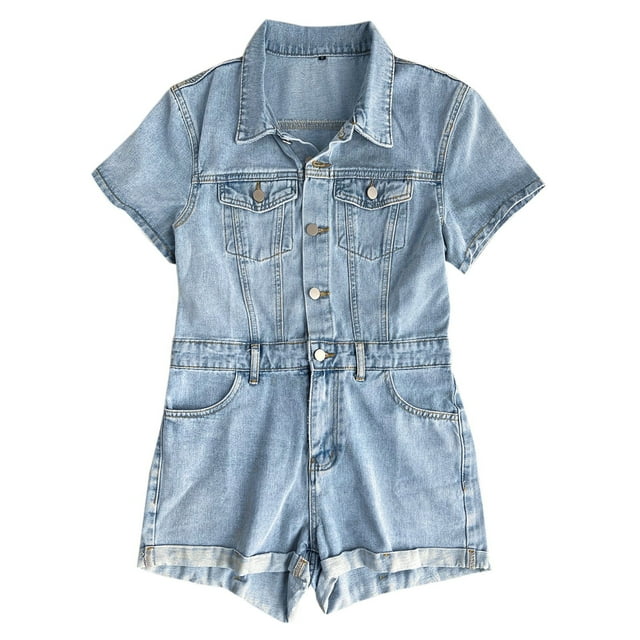 TrendOFT Combinaison d'Été pour Femmes Décontractée Ample Col Rond Manches Courtes Boutonnée Vintage Jeans Poches Zippées Salopettes Combinaisons Bleu Clair m