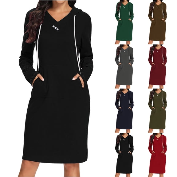 Swuxness Women Hoodie Long Sleeve Sweatshirts Dress, Women Mid Length Dresses, Women's Solid Color V Neck Hooded Knee Length Sweatshirt Dress with Pockets Red, XXL