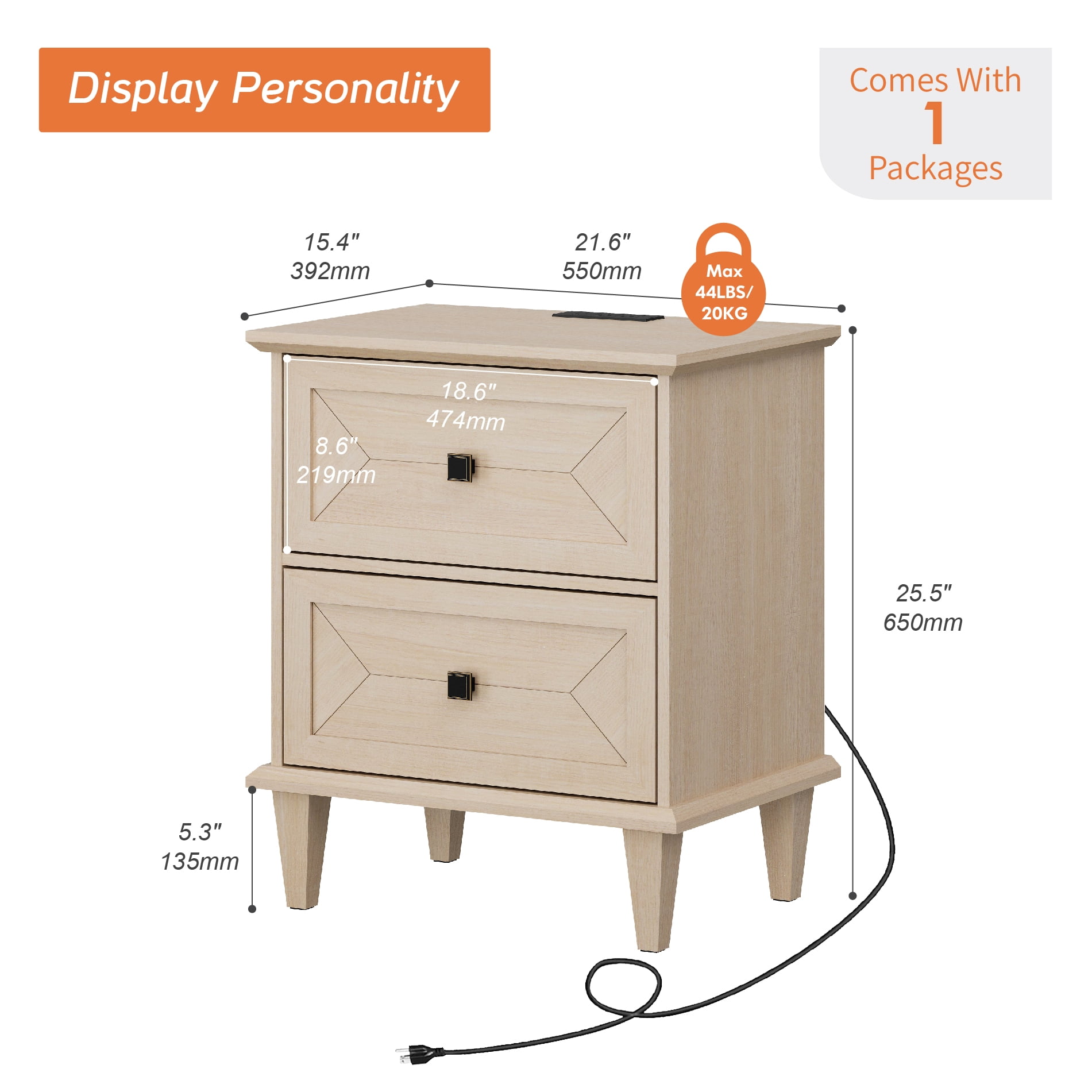 WAMPAT Nightstand with Charging Station, Modern Farmhouse Bedside Table with Storage Drawers & Solid Wood Legs, Beige End Table for Bedroom Living Room, Light Beige