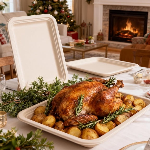 100 Pack 14 Inch Disposable Paper Food Trays -  Compostable Heavy-Duty Party Platters