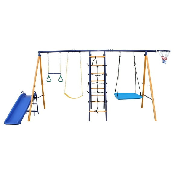 7 in 1 Metal Swing Set for Backyard, SHINPT Swing Set Outdoor for Kids, A-Frame Heavy Duty Swing Set, Toddler Swing set with Slide, Basketball Hoop, 2 Swing Seats, 1 Climbing Net & Ladder, 1 Gym Ring