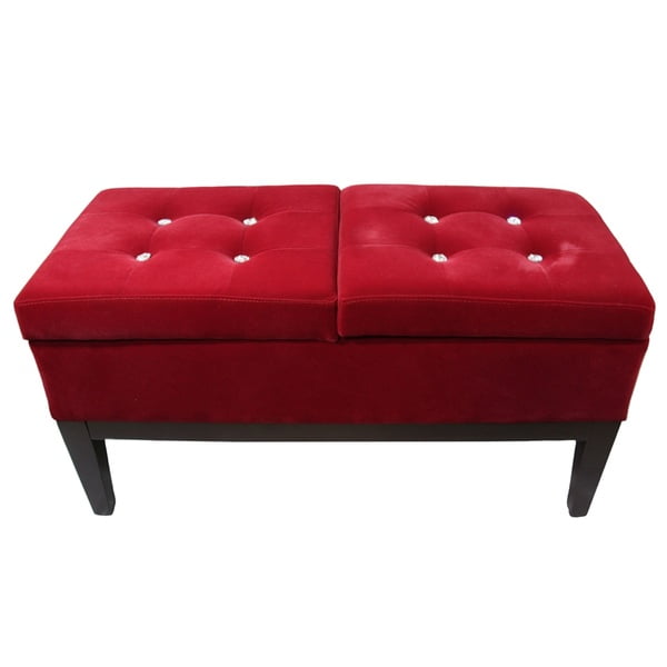 19" Tall Storage Bench with Red Tufted Dual Lift Cushion