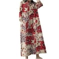 thumbnail image 1 of Robe en Lin de Coton pour Femmes Col Rond Manches Longues Robes Décontractées Imprimé Grande Taille Robe Maxi Fluide d'Automne avec Poches, 1 of 6