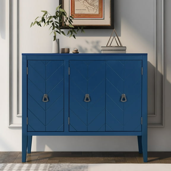 Euroco 37" Sideboard Buffet Cabinet,Wood Retro Storage Cabinet with Adjustable Shelf and 3 Doors for Kitchen Living Room,Navy Blue