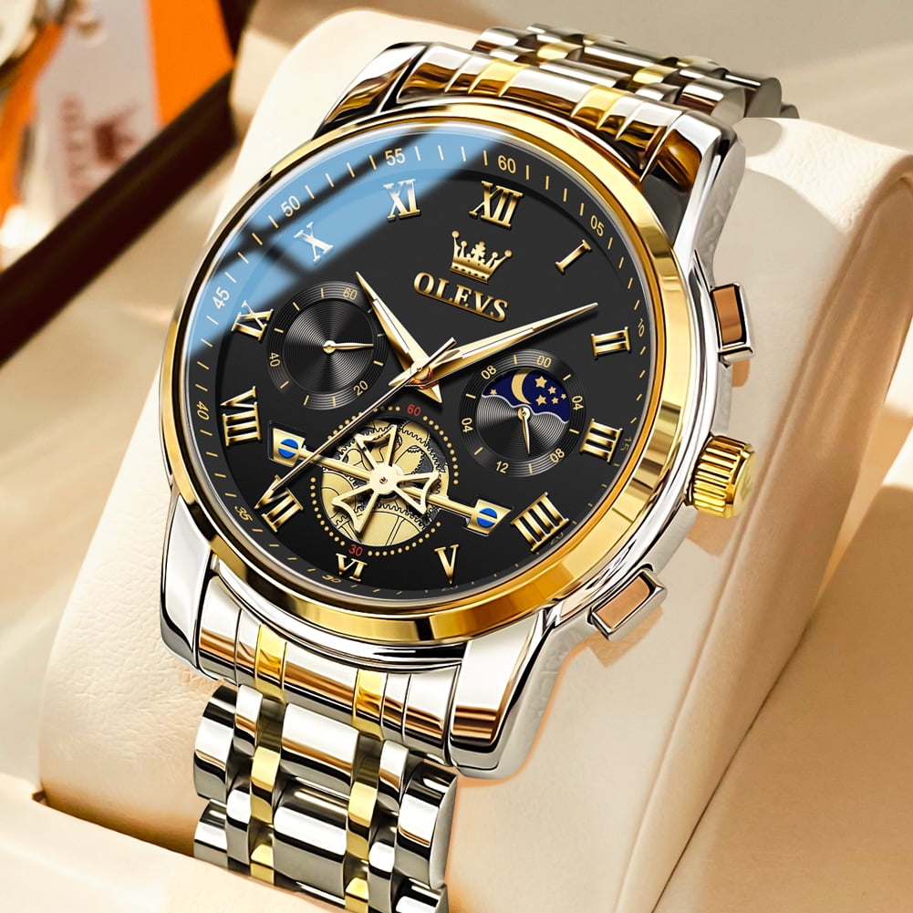 OLEVS Mens Watches Chronograph Business Dress Quartz Stainless Steel Waterproof Luminous Date Wrist Watch For Men Black Dial