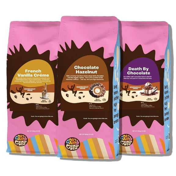 Crazy Cups Flavored Ground Coffee Variety Pack, Includes Chocolate Hazelnut, French Vanilla Creme & Death By Chocolate, in 10 oz Bags, Variety 3 Pack