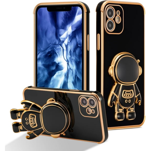for iPhone 12 Case Cute 6D Astronaut Case with Stand Function Luxury Plating Case Cover Slim Fit Soft TPU Shockproof Bumper Protective Electroplated Case for Girls Boys,6.1 inch,Black