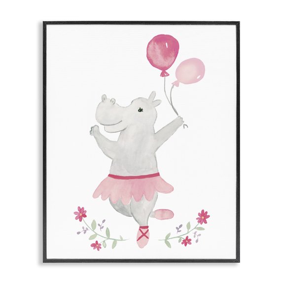 Stupell Industries Cottage Ballerina Hippo Pink Balloons Simple Floral Frame Black Framed Giclee Art, 11 x 14, by Heather Strianese