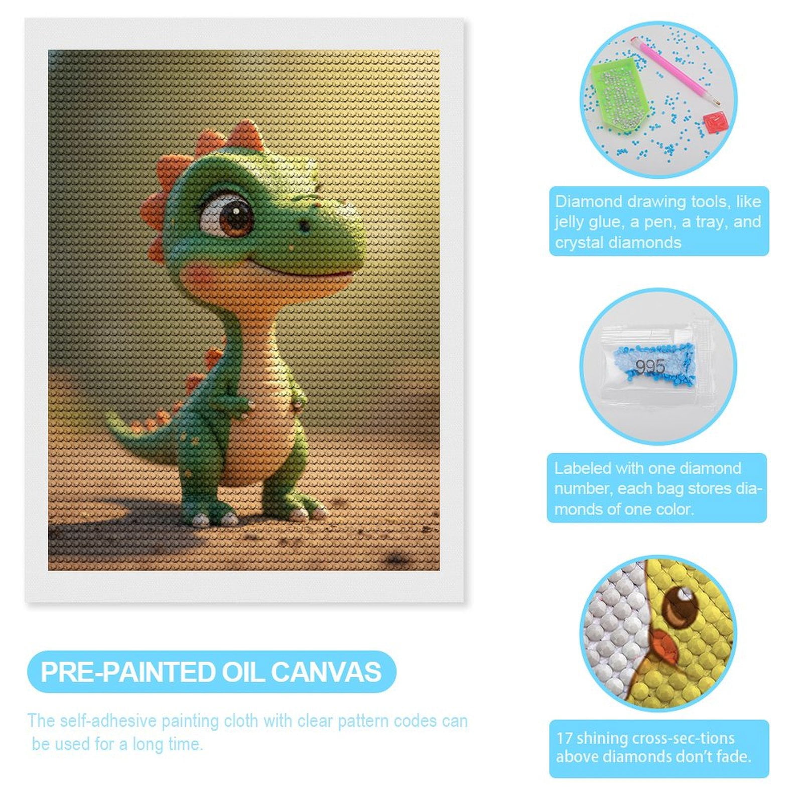 Diamond Art Kits for Adults, Cute Cartoon Dinosaur Sunset Scene 5D Diamond Painting Kits for Adults Beginners, DIY Full Drill Diamond Painting, Gem Art and Crafts 12x16