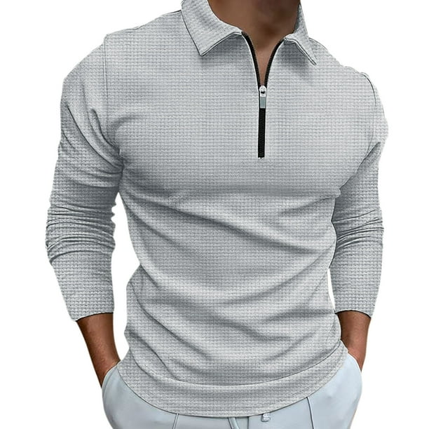Camisa informal de manga larga para hombre: cuello vuelto, detalle de cremallera, color liso, poliéster, oficina/ocio, tallas 10-20 (EE. UU.)