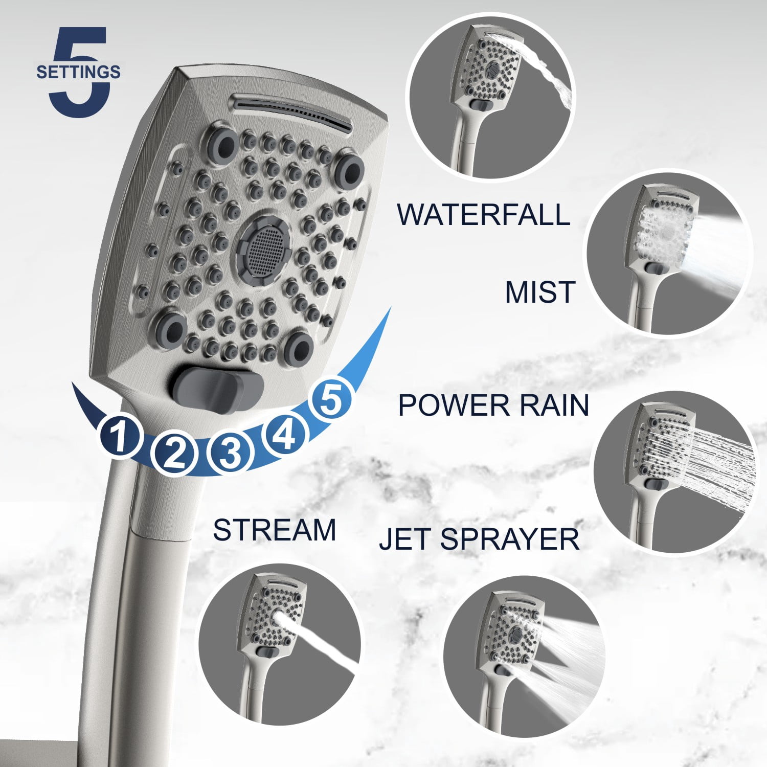 AUKTOPT Rainfall 5-Modes Spary 10 Inch Wall-Mount Showerhead Handheld Shower, Shower Head Combo with 60 Inch Hose, Extension Arm, Brushed Nickel