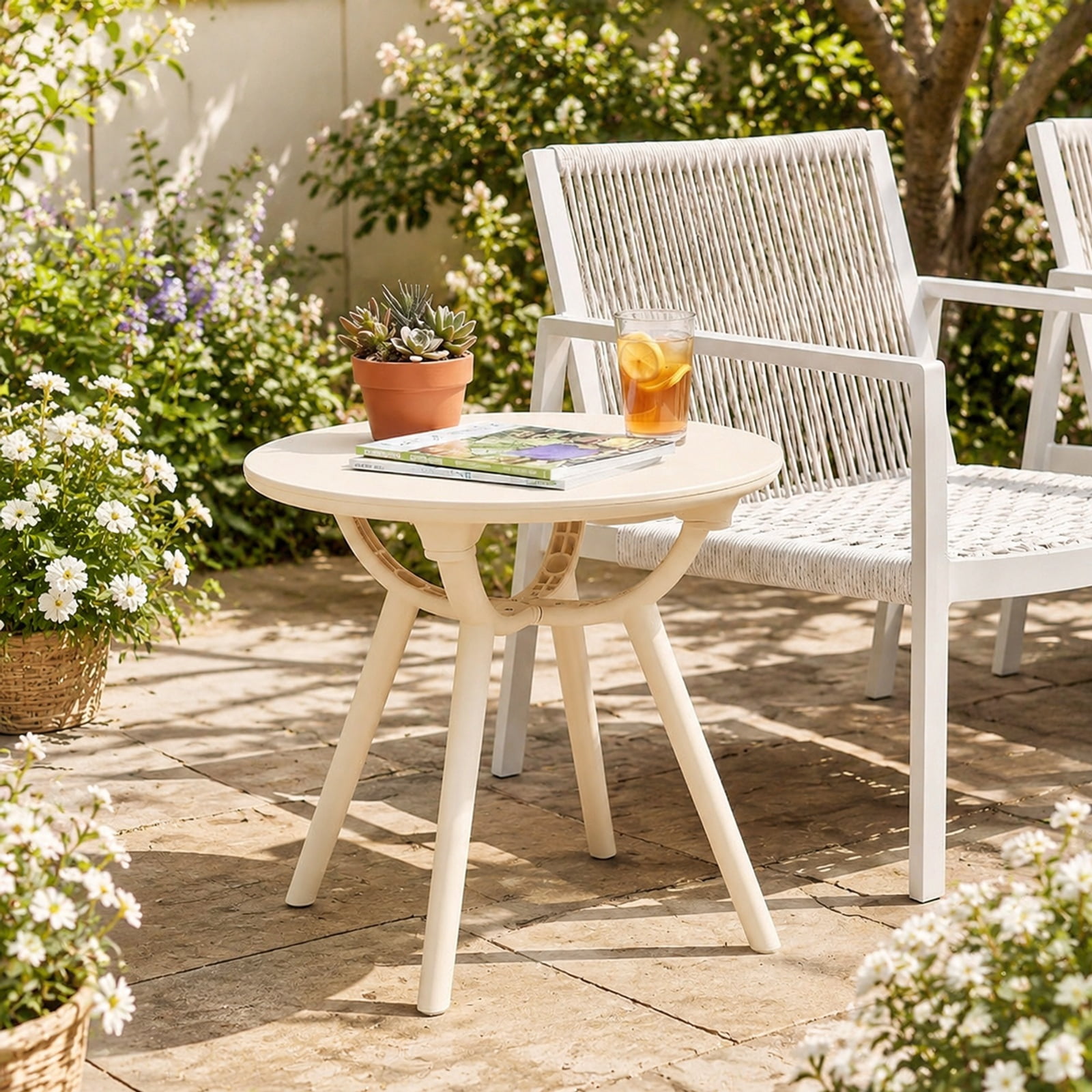 Furnibear Weather Resistant Circular Small End Table with Spacious Round Top and Molded PP ABS Build for Poolside Balcony Deck and Backyard, White