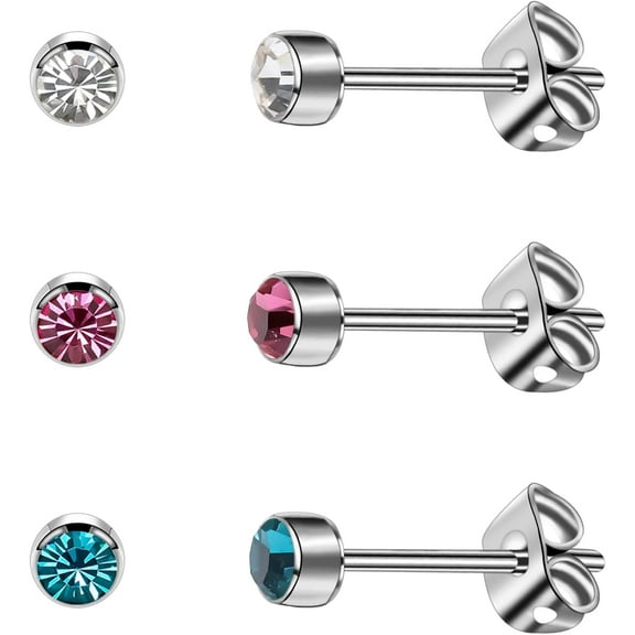 3 Pairs Women's & Men's Stud Earrings - Solid Titanium, Hypoallergenic, Nickel Free - 4mm Silver