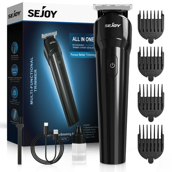 Sejoy Electric Hair Trimmer for Beard, Groin Hair, and Body Hair, Painlessly Remove Hair, 4 Adjustable Combs, 90 Min Battery Life, Black