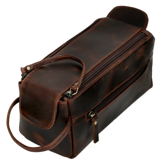 Genuine Buffalo Leather Unisex Toiletry Bag Travel Dopp Kit