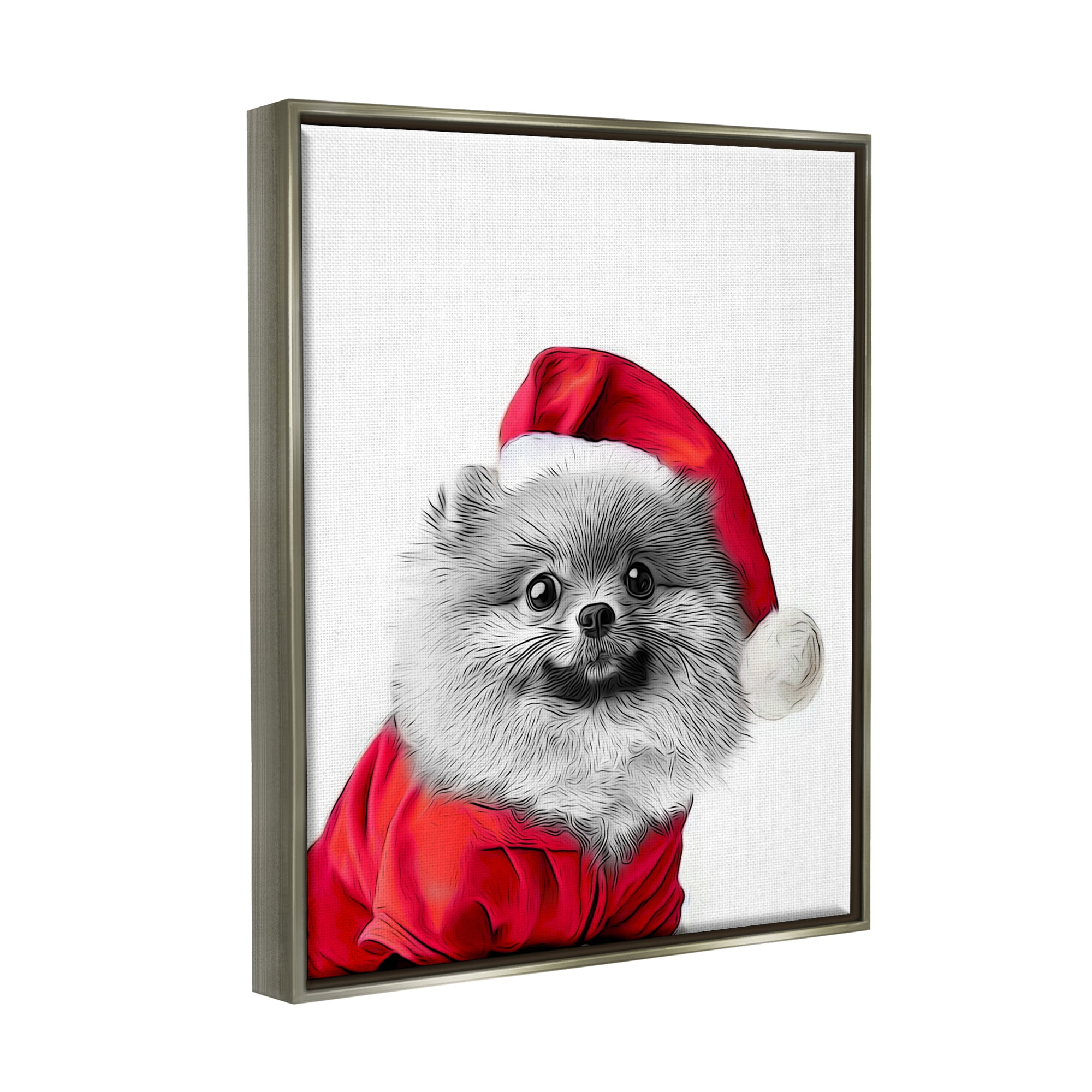 Stupell Industries Pomeranian in Santa Hat Holiday Painting Gray Floater Framed Canvas Art Print Wall Art, 25 x 31