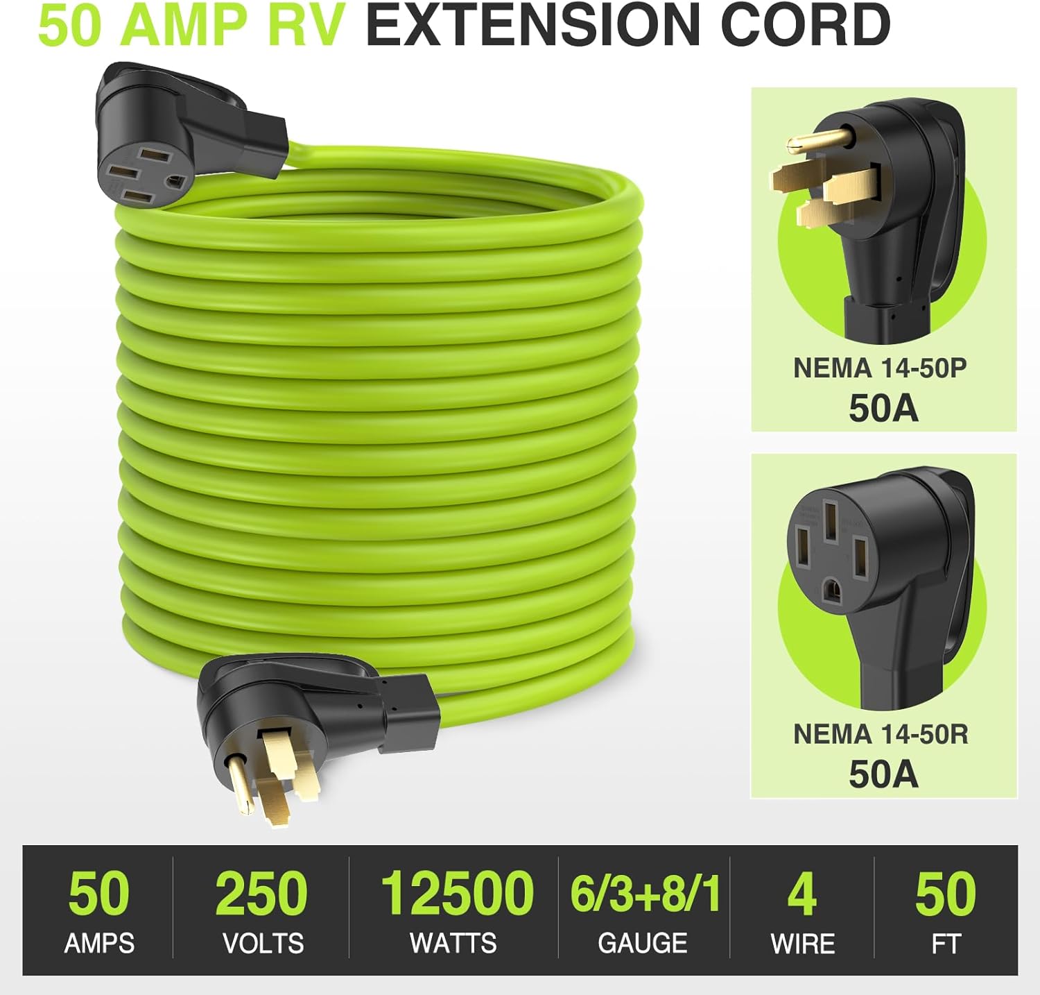 Nilight 50FT 50 Amp RV Extension Cord 250V Heavy Duty 6/3+8/1 Gauge Pure Copper STW Wire UL ETL Listed 4 Prong 14-50P 14-50R Weatherproof Suit for EV Trailer Campers Bright Green