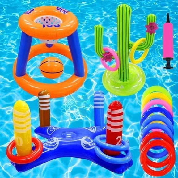 JoyStone Pool Toys Games Set, Floating Basketball Hoop Inflatable Cross Ring Toss Game Toys for Kids Adults, Summer Party Swimming Pool Water Games