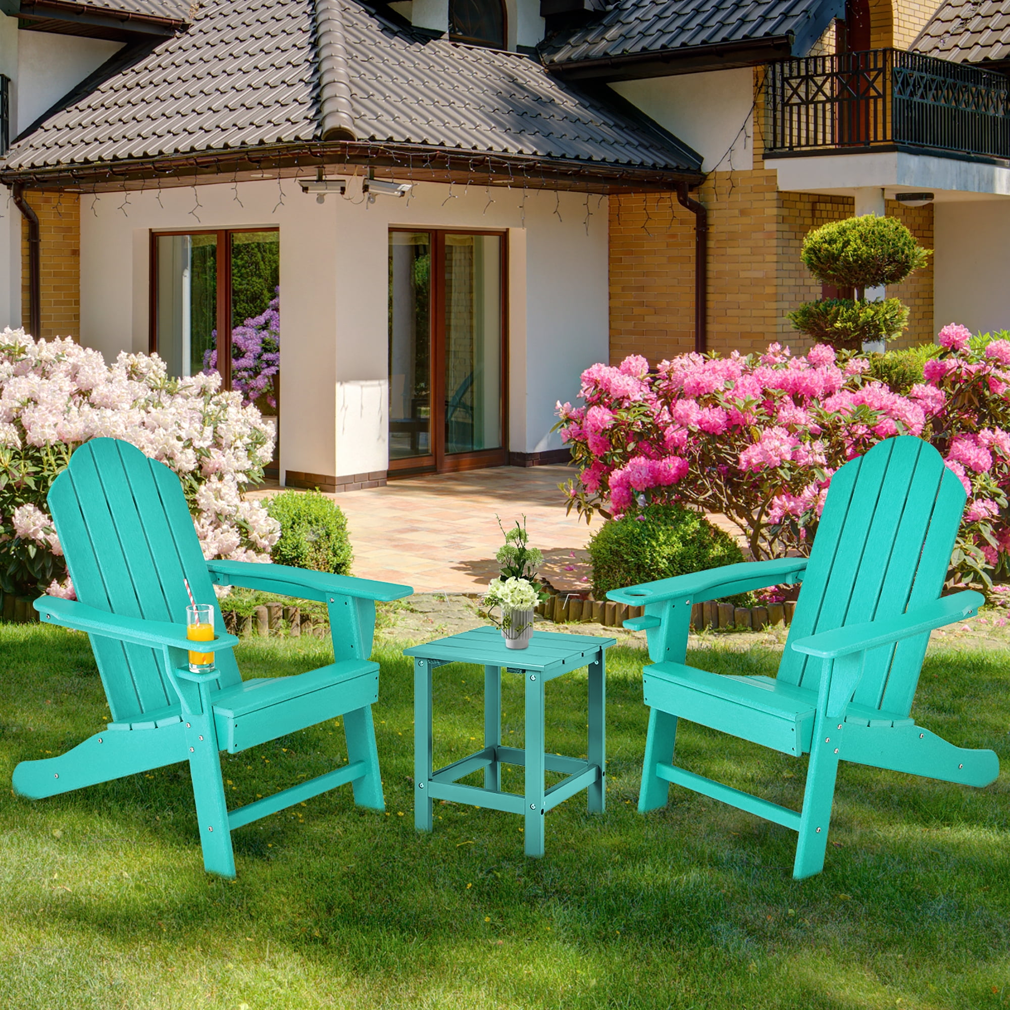 Costway 2PCS Patio Adirondack Chair Weather Resistant Garden Deck W/Cup Holder Turquoise