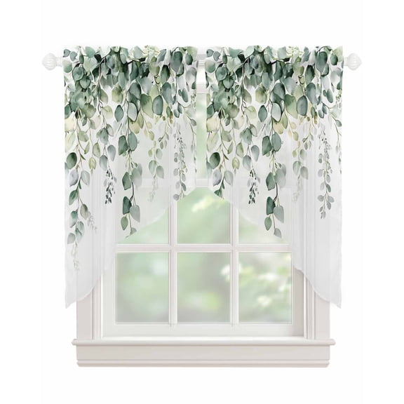 Retro Eucalyptus Leaves Swag Valances for Windows, Rustic Pastoral Botanical Rod Pocket Sheer Valances for Small Windows, Swag Toppers Light Filtering for Kitchen Living Room 2 Panels 36''x36''